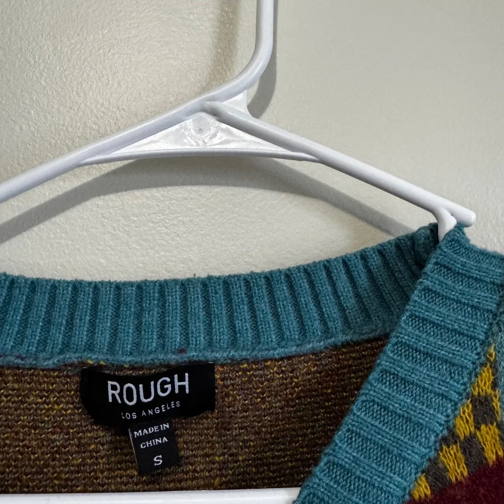 Rough Los Angeles Women's Small Patchwork Checkered Knit Crop Top Sweater Teal